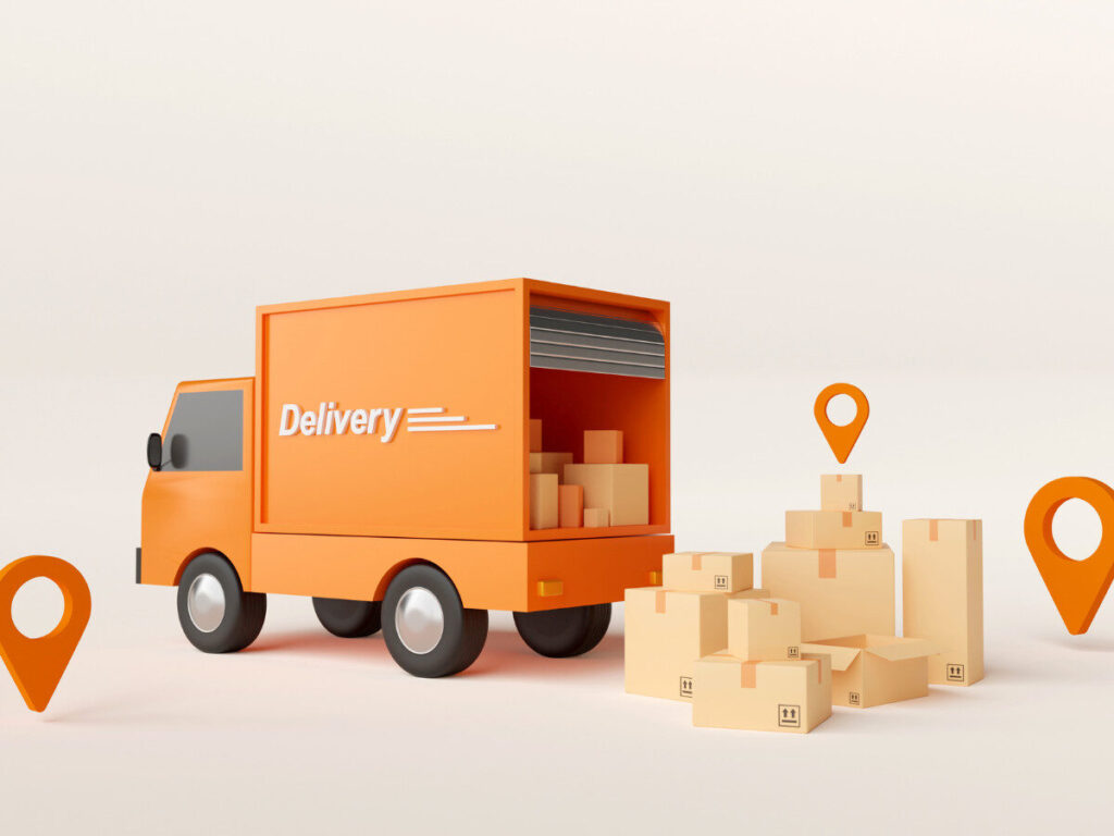 オレンジ色の引っ越しトラックと段ボールのイラスト