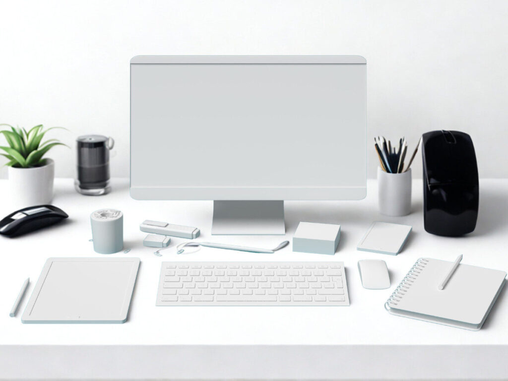 モニターと周辺機器が整然と並んだ白いデスク上